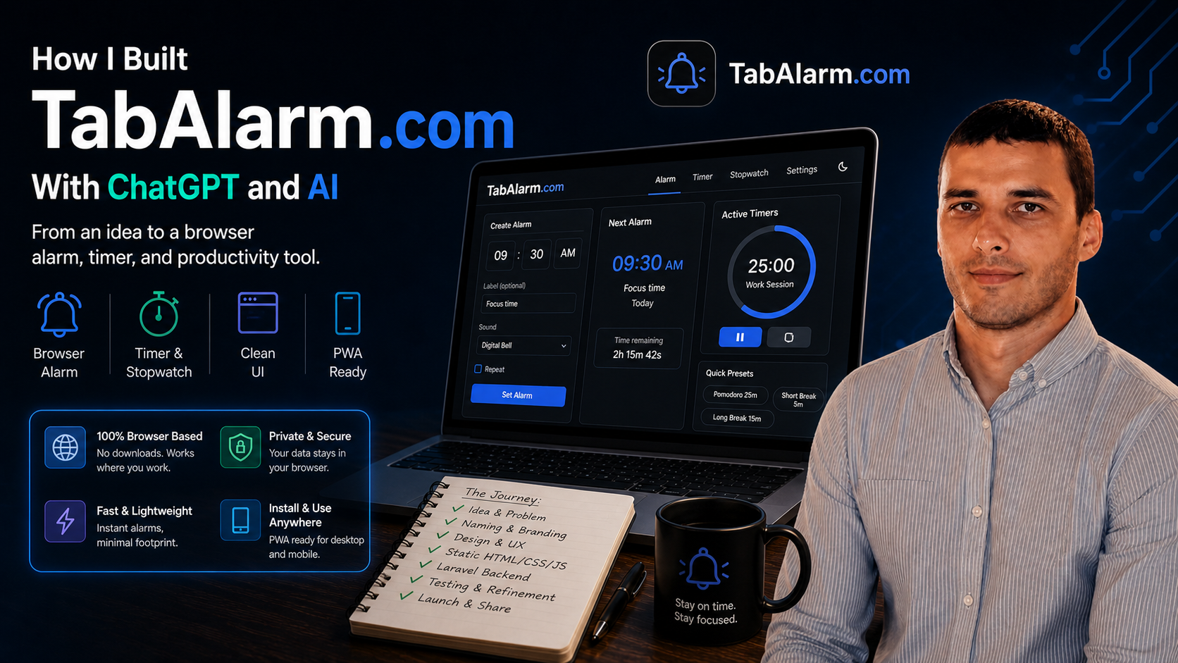 Kako sam napravio TabAlarm: browser alarm, timer i stopwatch koji ostaju jednostavni